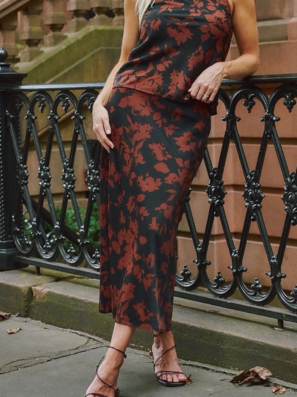 Abercrombie & Fitch Black and Rust Floral Slip Midi Skirt